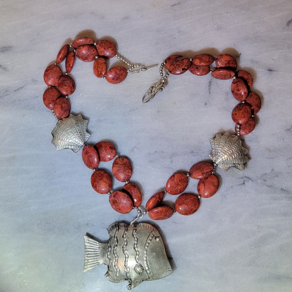 Artisan Necklace Genuine Coral Sterling 925 20" Fish Shell Coastal Beach - Picture 3 of 7